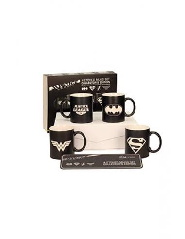 LOGOS JLA B/N SET 4 TAZAS GRABADO LASER CERAMICA UNIVERSO DC