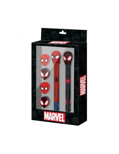 Blister Boligrafo + Lapiz + 4 gomas Spiderman Marvel