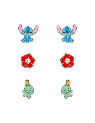 Set 3 Pares de pendientes Stitch Disney plata