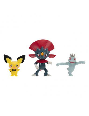 Jazwares Pokémon Pack de 3 Figuras First Partner Battle Figure Set Pichu, Machop & Weavile