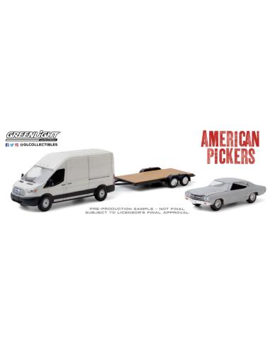 Coche de metal en miniatura Ford Transit LWB con Chevrolet Chevelle Malibu sin resturar (1970) Greenlight 1/64