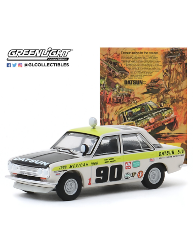 Coche de metal en miniatura Datsun 510 Sedán #90 (1969) México 1000 “Datsun Rallys To The Cause” Greenlight 1/64