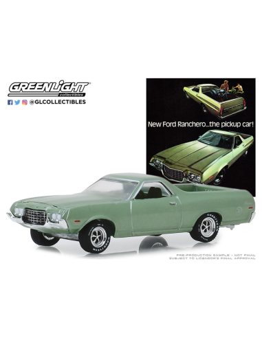 Coche de metal en miniatura Ford Ranchero “New Ford Ranchero…The Pickup Car! (1972) Vintage Ad Cars Series 1 Greenlight 1/64