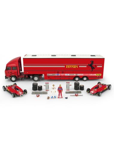 Coche de metal en miniatura Set Race Transporter Fiat Iveco 190 + Ferrari 126 C2 + 2 Figuras GP. San Marino (1982) Brumm 1/43