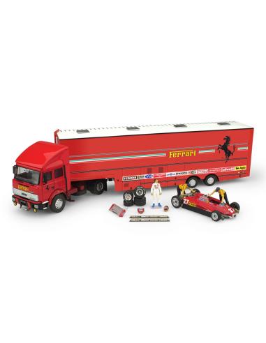 Coche de metal en miniatura Set Transporte Fiat Iveco 190 + Ferrari 126 C2 y figuras (1982) Brumm 1:43