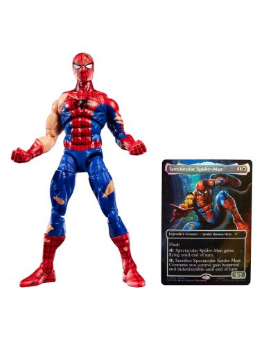 Figura de Spider-Man con daños de batalla y tarjeta