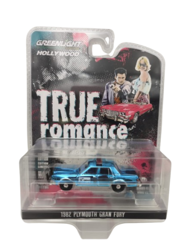 Coche de metal en miniatura True Romance (1993) – 1982 Plymouth Gran Fury Hollywood Series 43 Greenlight Versión Cromado 1/64