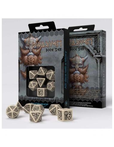 Dados Dwarven en Beige y Negro (7 unidades) - Q Workshop