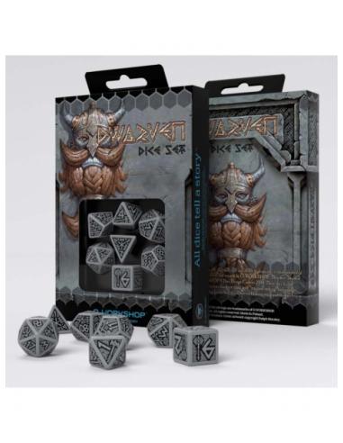 Dados Dwarven en Gris y Negro (7 unidades) - Q Workshop